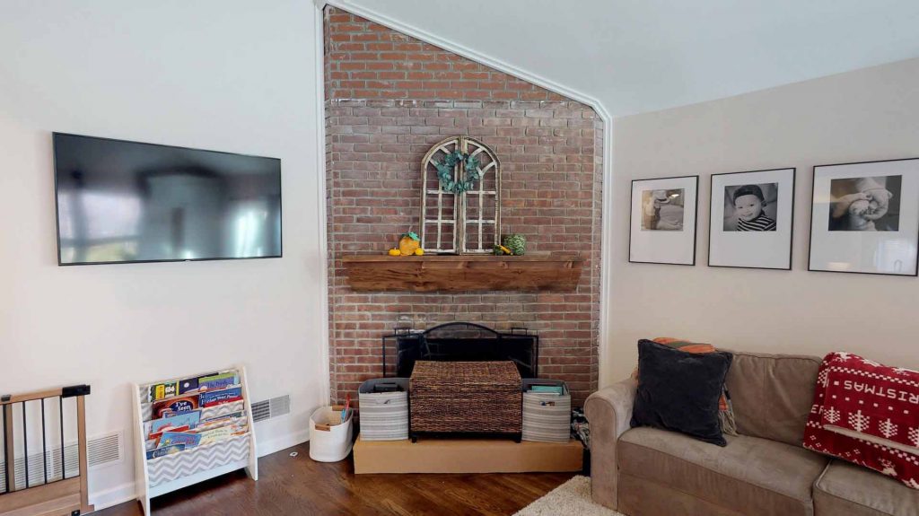 vaulted ceiling kitchen remodel brick fireplace