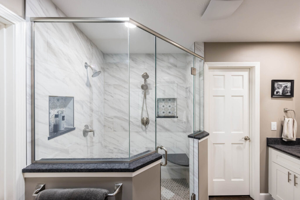Lewis Center Bathroom remodel with 45 degree walk-in tiled shower