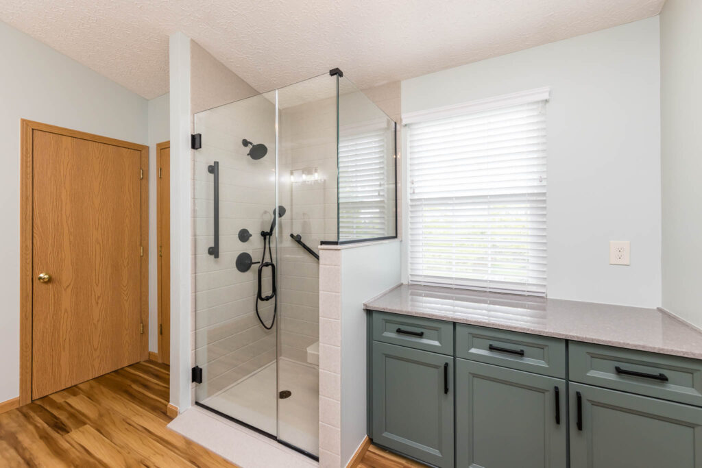 Galloway Bathroom remodel with walk-in Onyx shower with black hardware