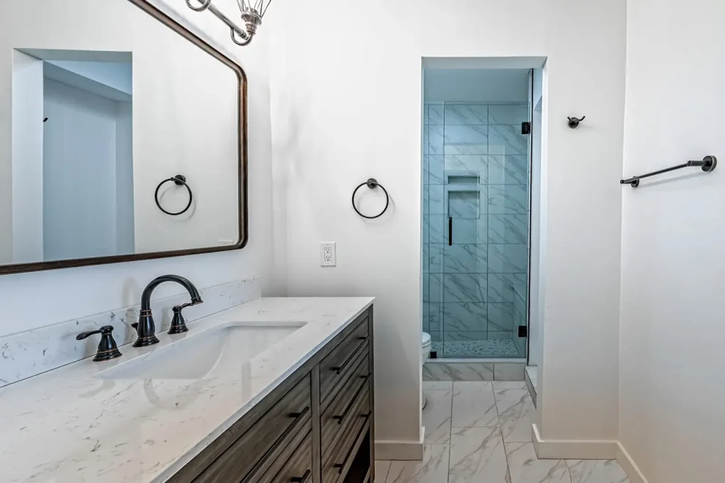 Freshly remodeled bathroom with shower tile and new countertop in Columbus, OH