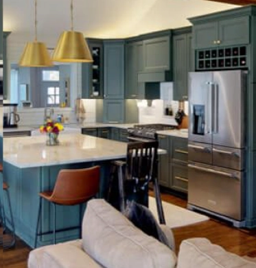 Custom kitchen remodel with green cabinetry and quartz countertop in Worthington, Ohio